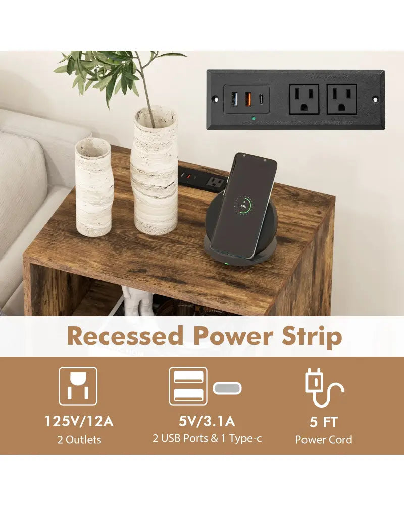 Record Player Stand with Charging Station for Living Room Bedroom-Rustic Brown - Rustic Brown - End & Side Tables