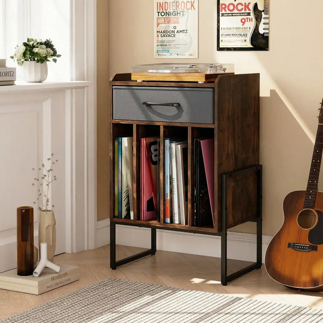 Record Player Stand with Drawer and Record Holder-Rustic Brown - Rustic Brown - End & Side Tables
