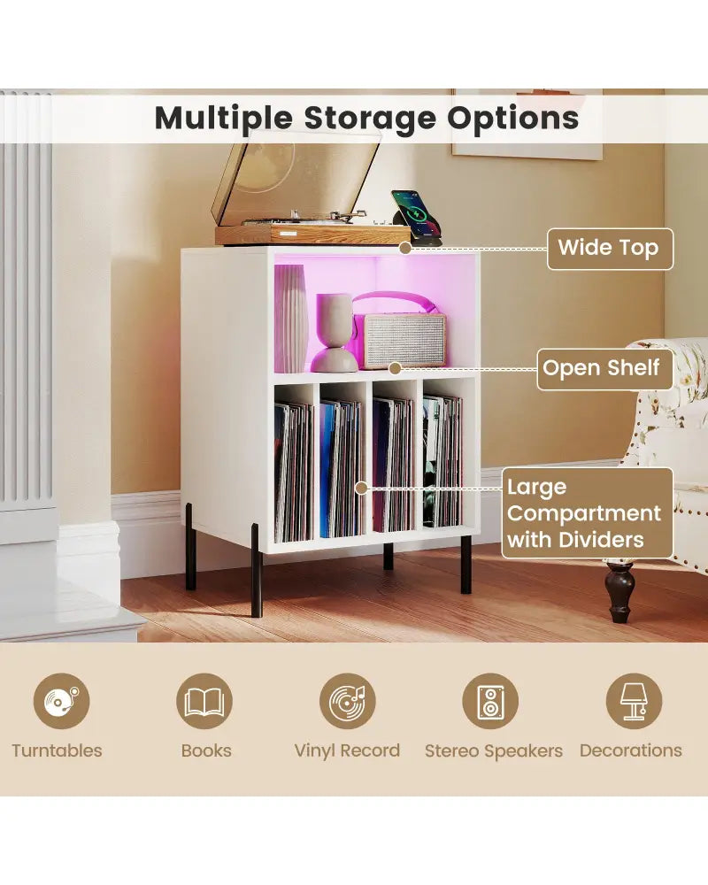 Record Player Stand with LED Light and Charging Station-White - White - End & Side Tables