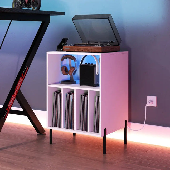 Record Player Stand with LED Light and Charging Station-White - White - End & Side Tables