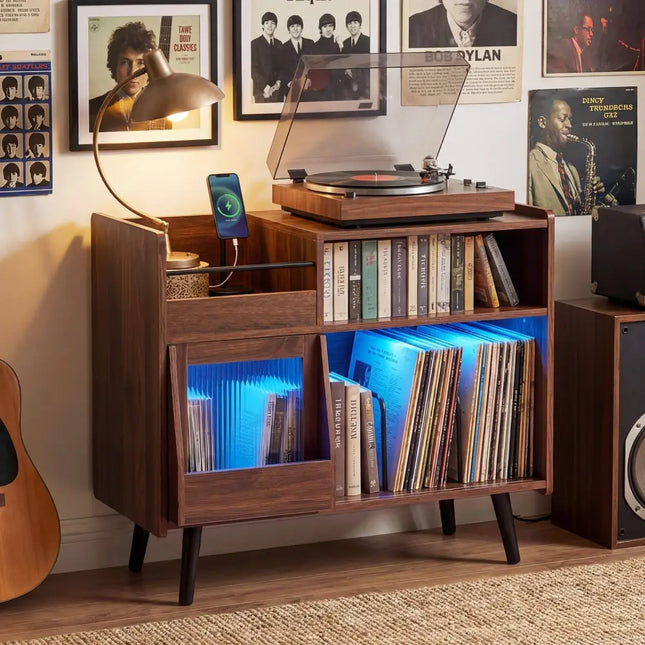 Record Player Stand with LED Light and Power Outlets Large Turntable Stand with Sliding Door-Brown - Brown - End & Side