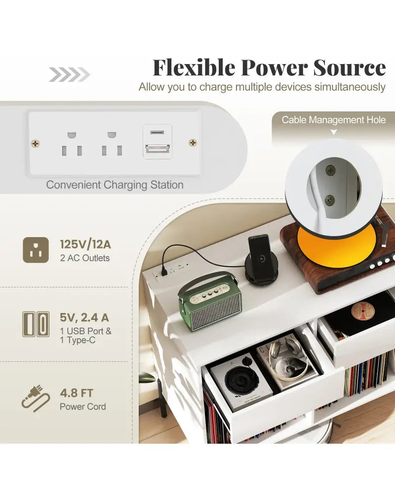 Record Player Stand with Power Outlets Double Wide Turntable Stand Vinyl Record Storage Table-White - White - Cabinets