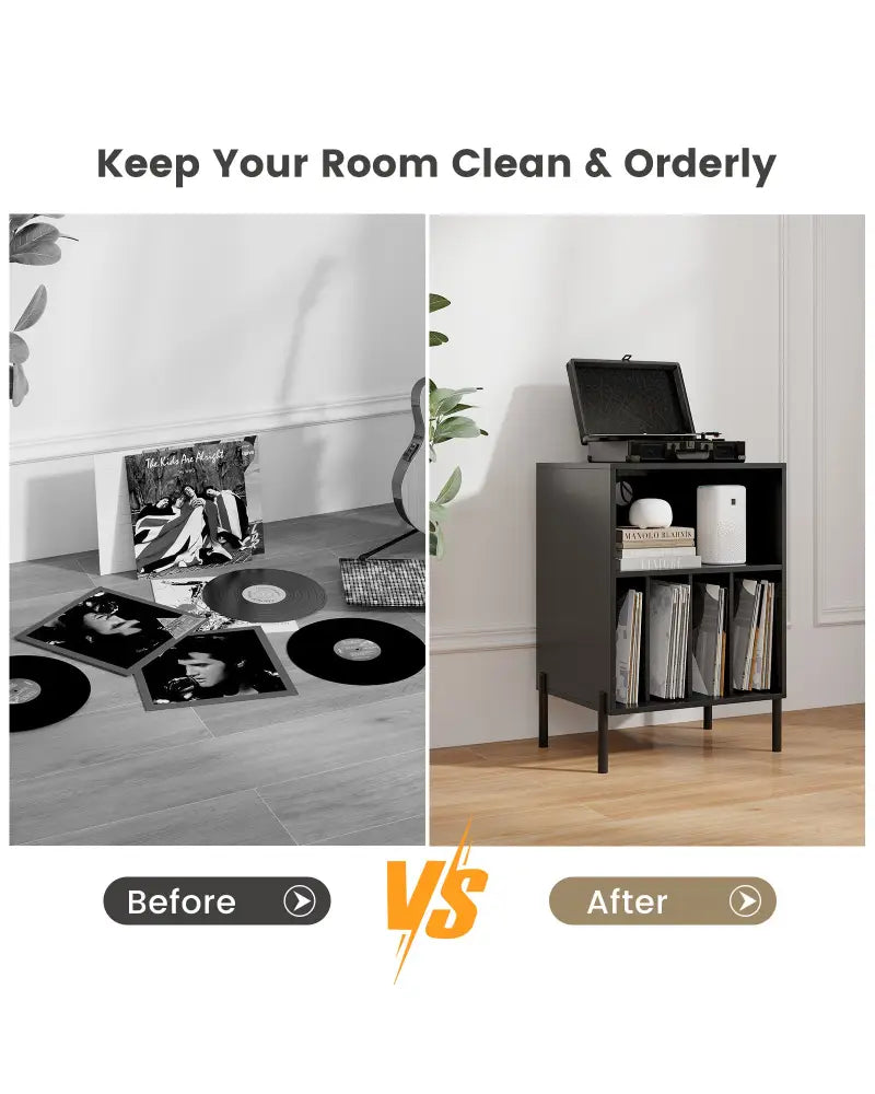 Record Player Stand with Record Storage Shelf and Charging Station-Black - Black - End & Side Tables