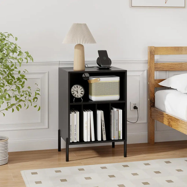 Record Player Stand with Record Storage Shelf and Charging Station-Black - Black - End & Side Tables