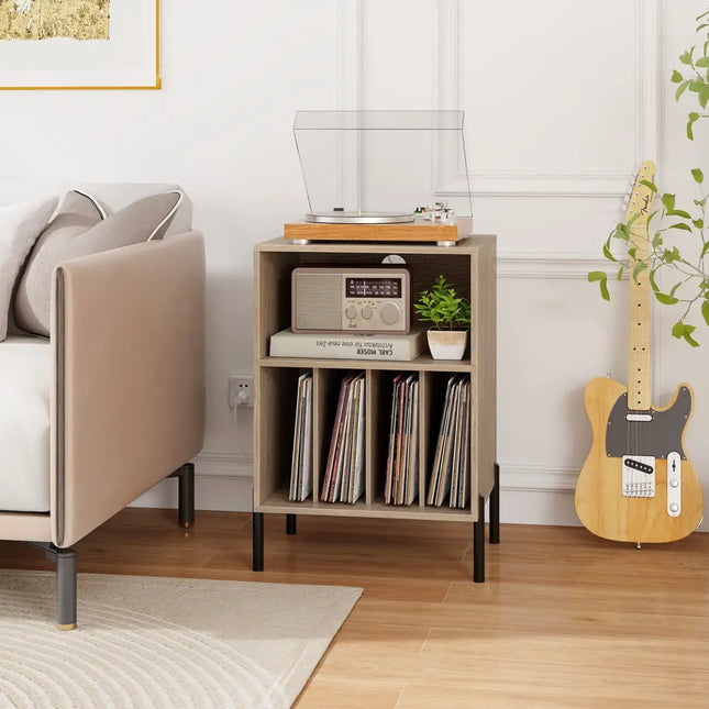 Record Player Stand with Record Storage Shelf and Charging Station-Natural - Natural - End & Side Tables