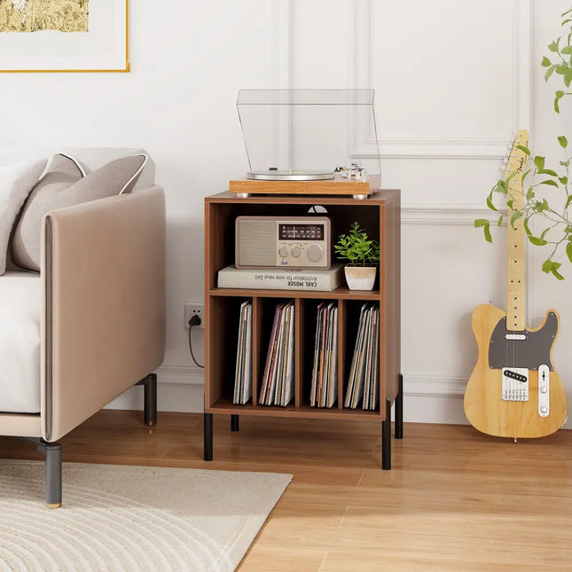 Record Player Stand with Record Storage Shelf and Charging Station-Walnut - Walnut - End & Side Tables