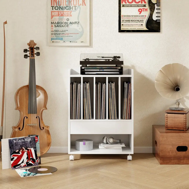 Record Rolling Turntable Player Stand with Drawer-White - White - End & Side Tables