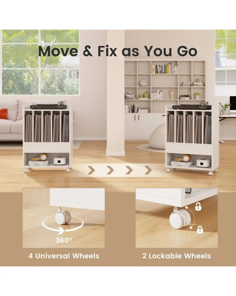 Record Rolling Turntable Player Stand with Drawer-White - White - End & Side Tables