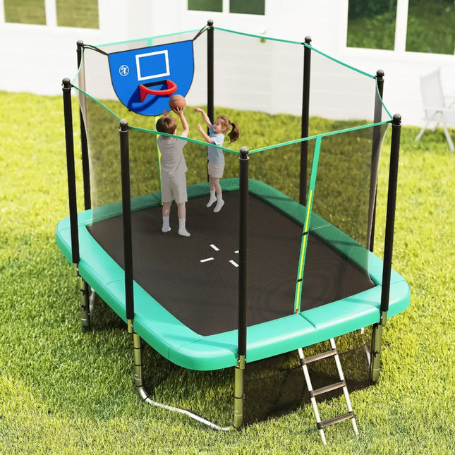Rectangle Outdoor Trampoline 10 x 8 FT Heavy-Duty Trampoline with Basketball Hoop-Green - Green - Trampolines