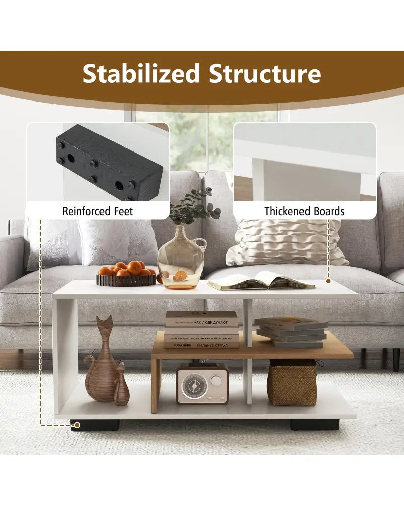 Rectangular Coffee Table with L-shaped Middle Shelf-White - White - Coffee Tables