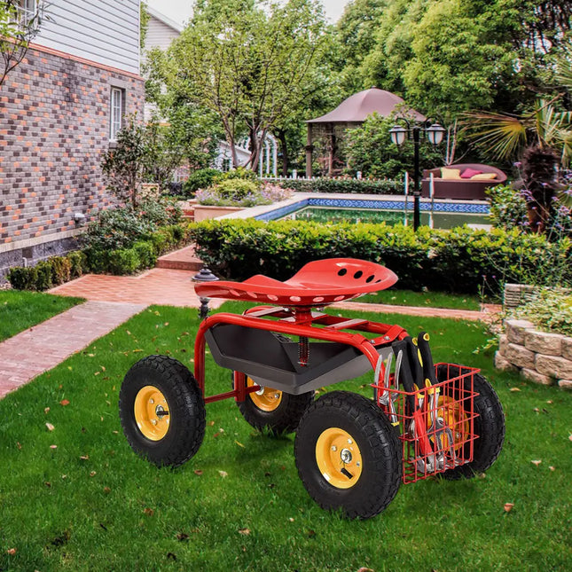 Red/Green Garden Cart Rolling Work Seat With Heavy Duty Tool Tray Gardening Planting-Red - Red - Garden Carts