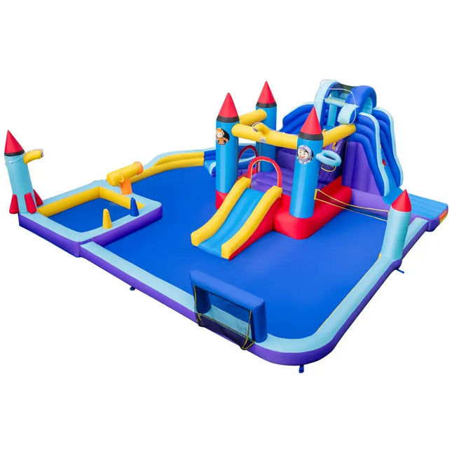 Rocket Theme Inflatable Water Slide Park with 1100W Blower - Blue - Outdoor Play