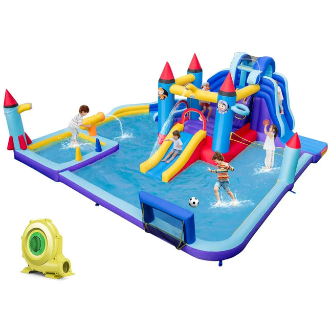 Rocket Theme Inflatable Water Slide Park with 950W Blower - Blue - Inflatable Water Slides