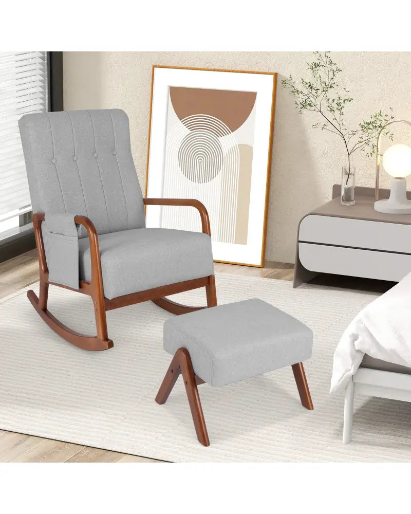 Rocking Chair with Ottoman and Solid Rubber Wood Frame and Padded Cushion-Gray - Gray - Accent Chairs