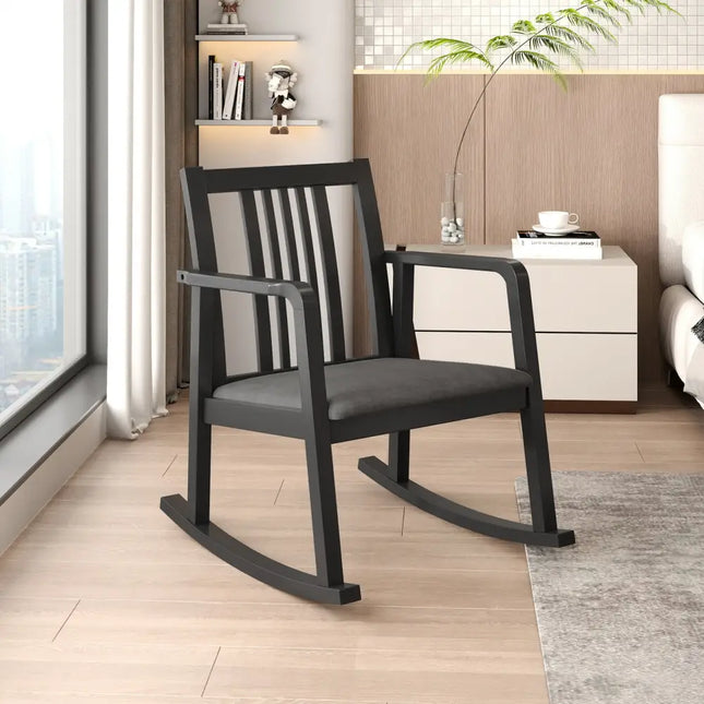 Rocking Chair with Slatted Back and Curved Armrests-Black - Black - Patio Rocking Chairs & Gliders