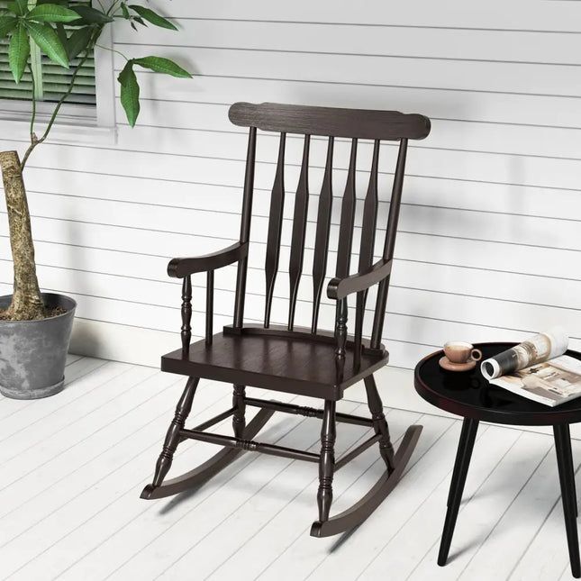 Rocking Chair with Solid Wooden Frame for Garden and Patio-Brown - Brown - Patio Rocking Chairs & Gliders