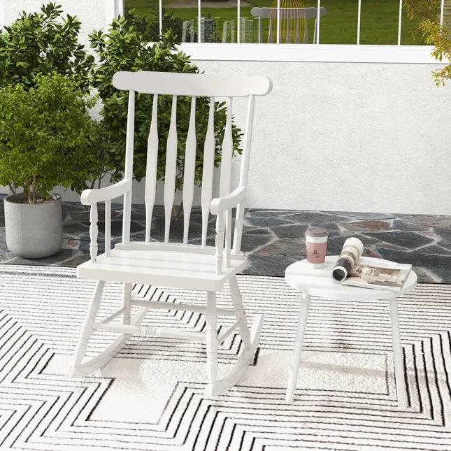 Rocking Chair with Solid Wooden Frame for Garden and Patio-White - White - Patio Rocking Chairs & Gliders