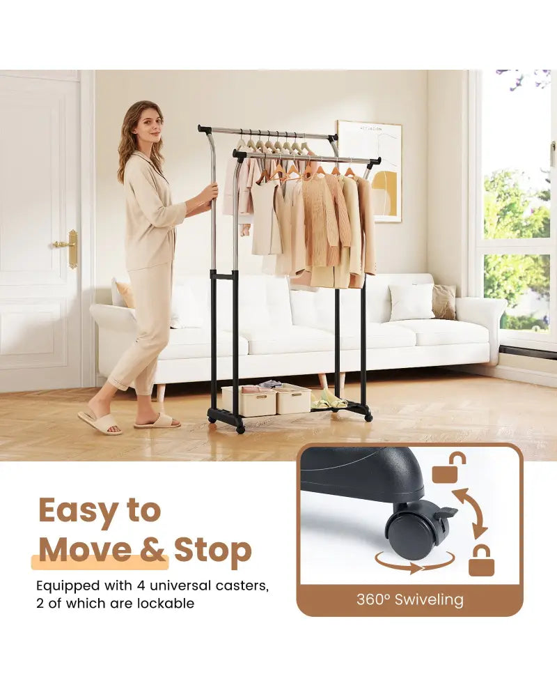 Rolling Clothes Rack Double Rod Garment Rack with Adjustable Height - Clothing & Closet Storage