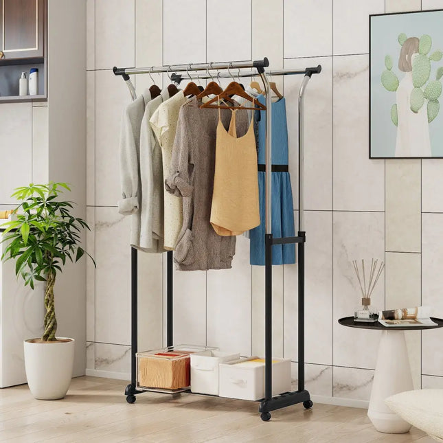 Rolling Clothes Rack Double Rod Garment Rack with Adjustable Height - Clothing & Closet Storage