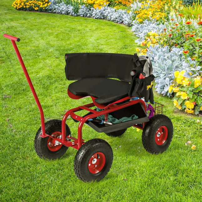 Rolling Garden Cart with Height Adjustable Swivel Seat and Storage Basket-Red - Red - Garden Carts