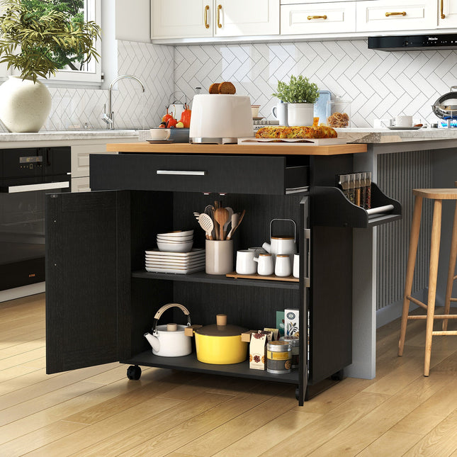 Rolling Kitchen Island Cart with Towel and Spice Rack-Black - Black - Kitchen Islands & Carts