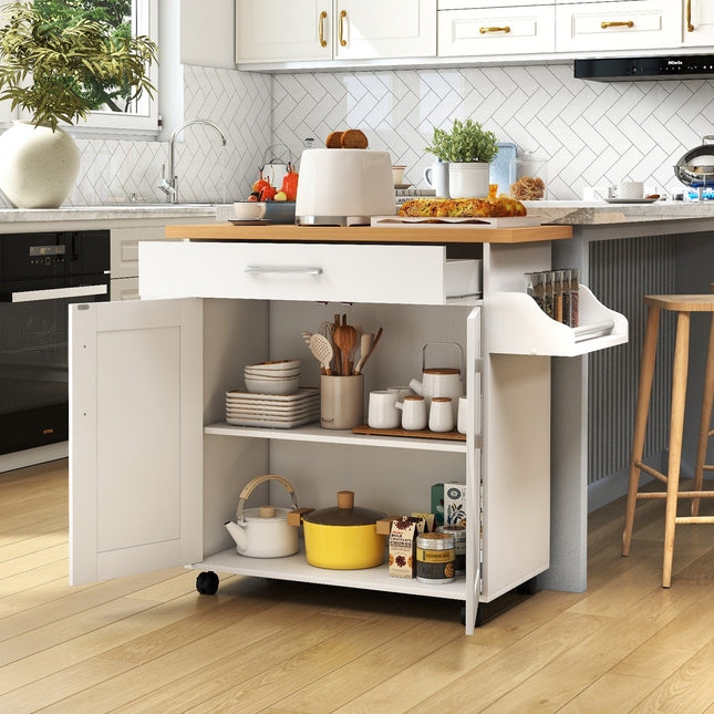 Rolling Kitchen Island Cart with Towel and Spice Rack-White - White - Kitchen Islands & Carts