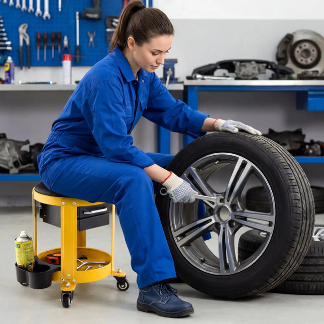 Rolling Mechanic Stool with Removable Padded Seat and Drawers-Yellow - Yellow - Garages