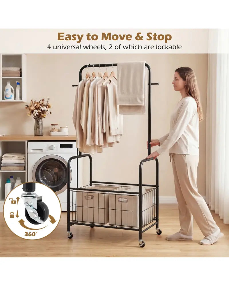 Rolling Metal Clothes Rack with Hanging Rod and Storage Basket-Black - Black - Clothing & Closet Storage
