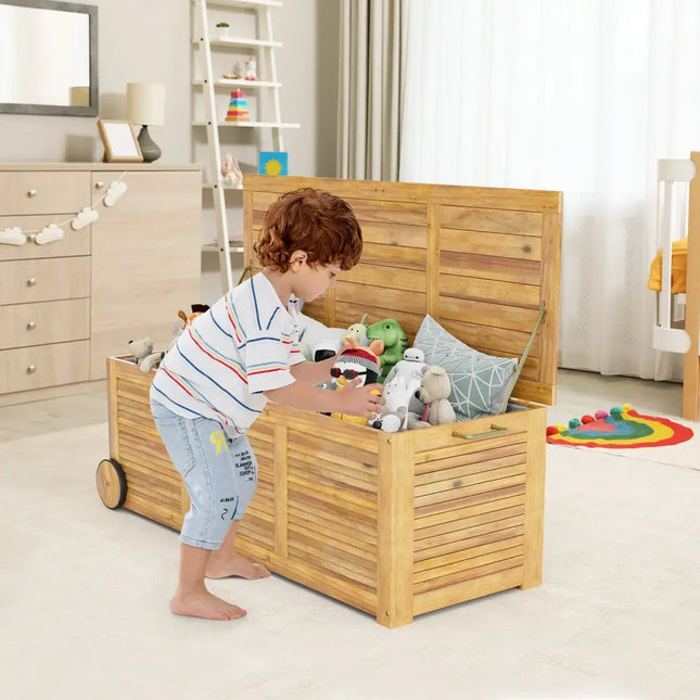 Rolling Patio Wooden Deck Box with 2 Wheels and Side Handle for Outdoor - Natural - Sheds & Outdoor Storage