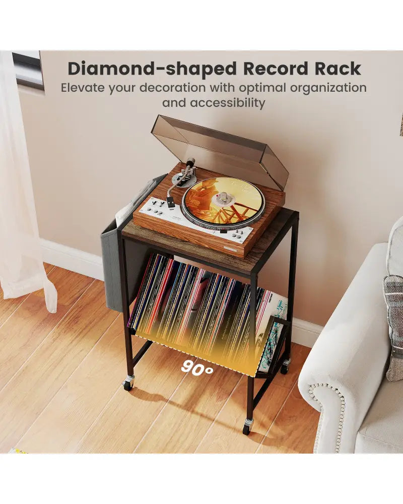 Rolling Record Player Stand 2-Tier with Vinyl Storage and Magazine Holder Bag-Rustic Brown - Rustic Brown - End & Side