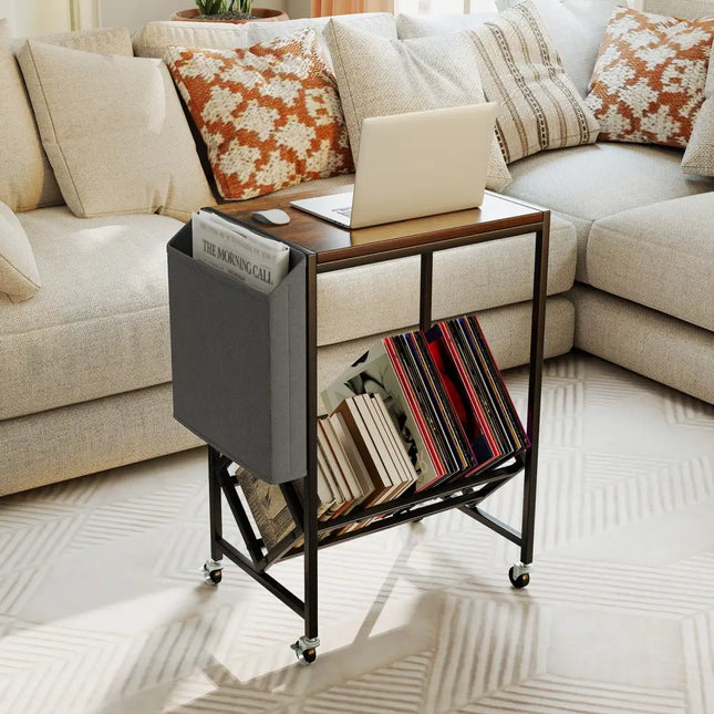 Rolling Record Player Stand 2-Tier with Vinyl Storage and Magazine Holder Bag-Rustic Brown - Rustic Brown - End & Side
