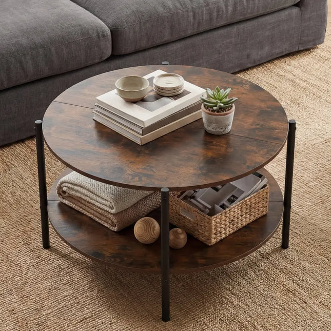 Round Coffee Table 2-Tier Industrial Accent Table with Open Storage Shelf-Rustic Brown - Rustic Brown - Coffee Tables