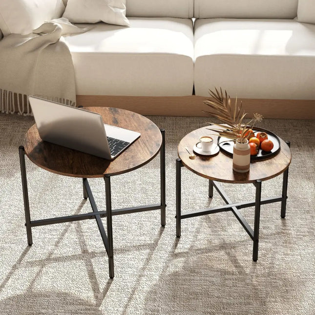 Round Coffee Table Set of 2 with Heavy-Duty Metal Frame-Rustic Brown Costway