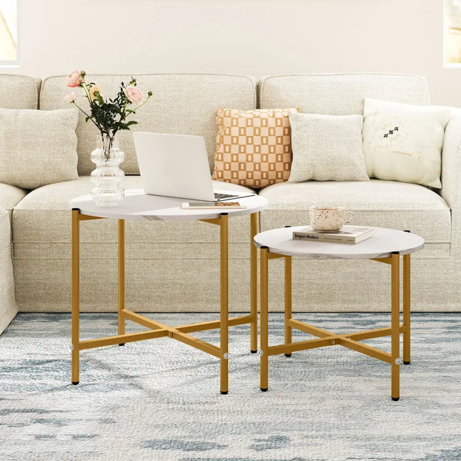 Round Coffee Table Set of 2 with Heavy-Duty Metal Frame-White - White - Coffee Tables
