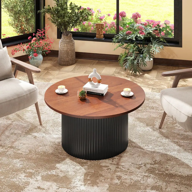 Round Coffee Table with Solid Wood Frame and Wooden Top-Walnut - Walnut - Coffee Tables