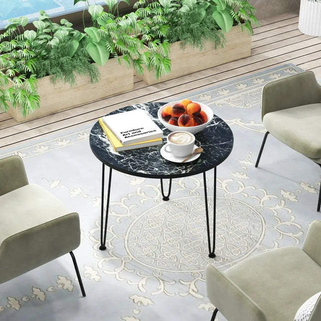 Round Coffee Table with Thickened Tabletop and Metal Tripod Legs-Black - Black - End & Side Tables