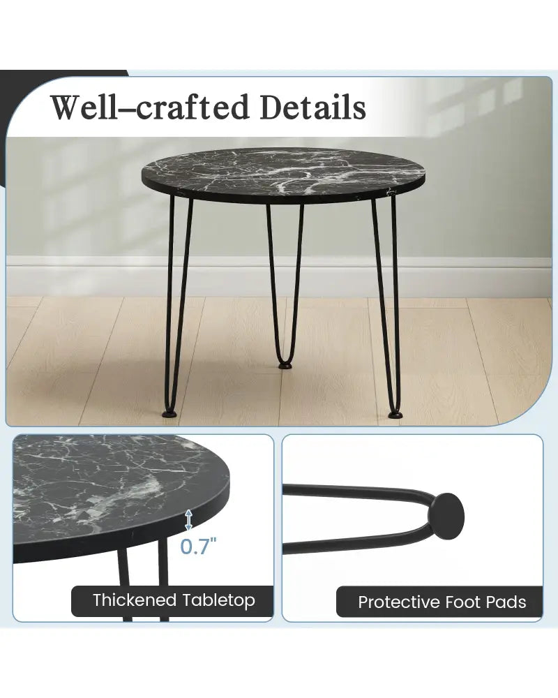 Round Coffee Table with Thickened Tabletop and Metal Tripod Legs-Black - Black - End & Side Tables