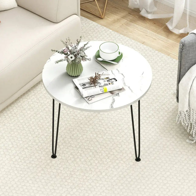 Round Coffee Table with Thickened Tabletop and Metal Tripod Legs-White - White - End & Side Tables