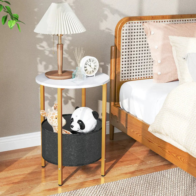Round End Table 2-Tier Side Table with Removable Fabric Basket and Metal Frame-White - White - Living Room