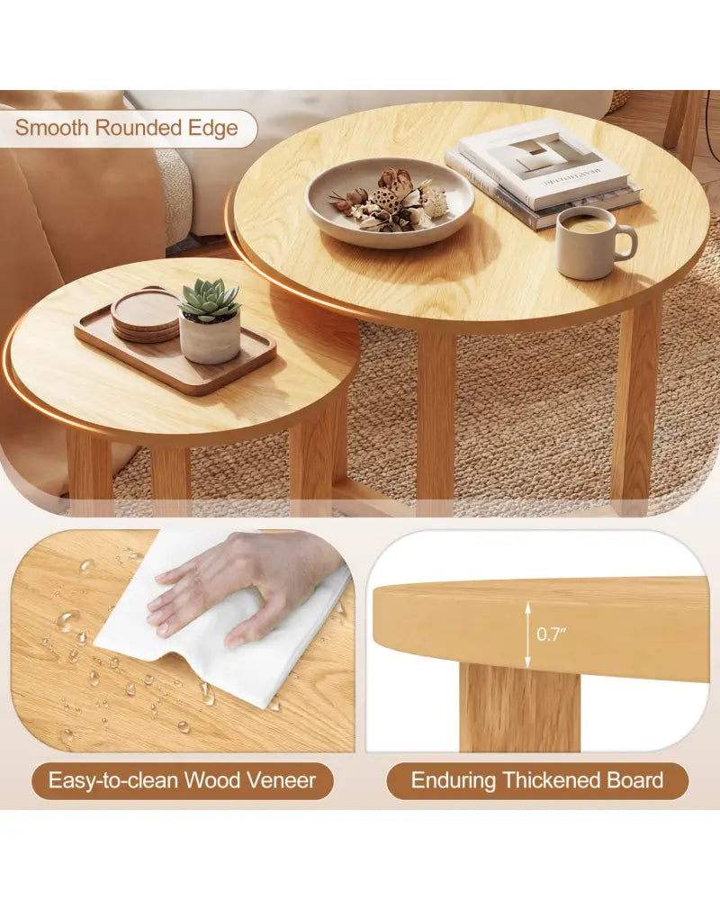 Round Nesting Coffee Table Set of 2 Wood Nesting End Tables with Thickened Top-Natural - Natural - Coffee Tables