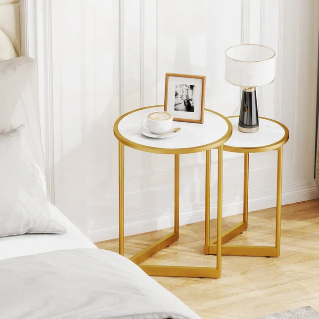 Round Nesting Table Set of 2 with Marble-like Tabletop-White - White - End & Side Tables