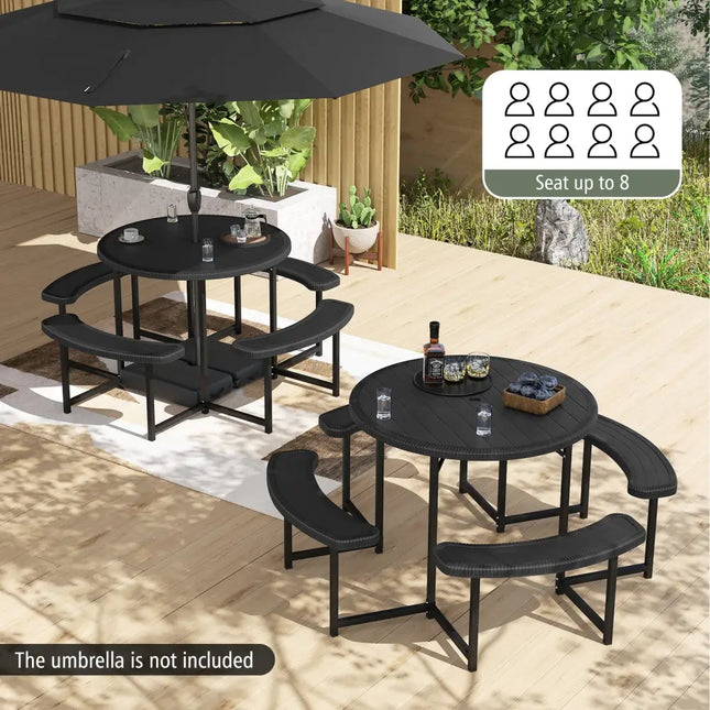 Round Picnic Table Bench Set with 4 Benches and Umbrella Hole for Patio Lawn-Black - Black - Picnic Tables