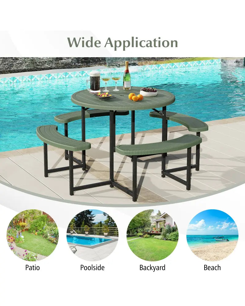 Round Picnic Table Bench Set with 4 Benches and Umbrella Hole for Patio Lawn-Green - Green - Picnic Tables