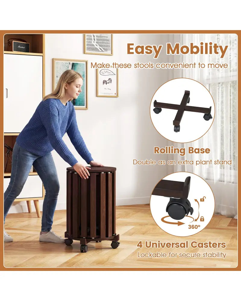 Round Portable Wood Nesting Stools with Locking Casters-Walnut - Walnut - Dining Chairs