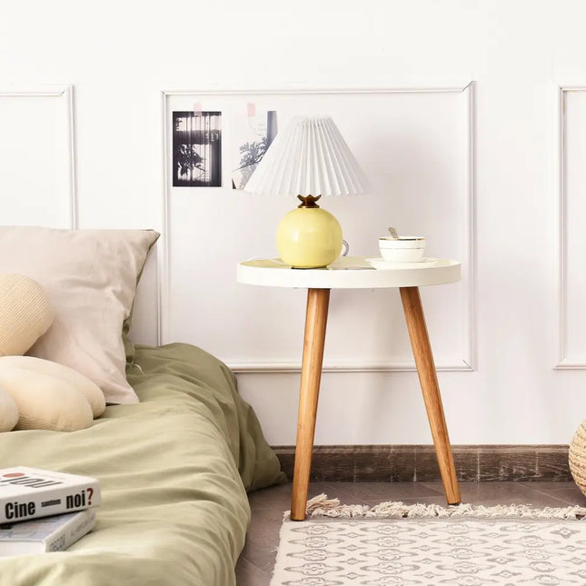 Round Side Sofa Coffee Table with Wooden Tray - White - Living Room