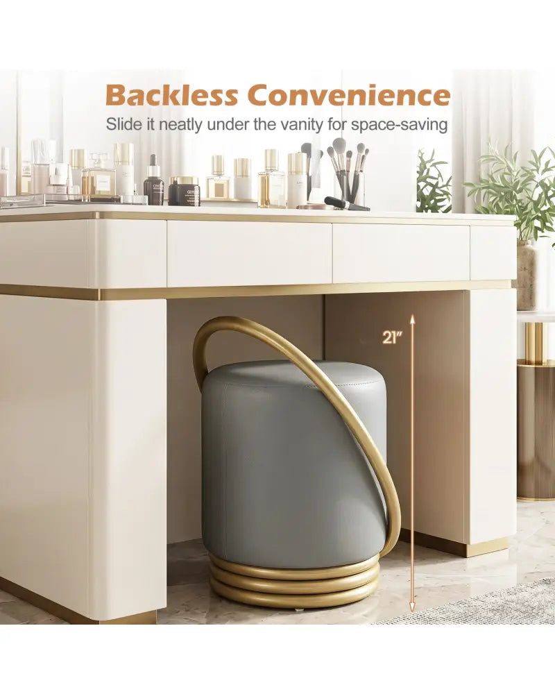 Round Vanity Stool Faux Leather Makeup Chair with Gold Halo Design-Grey - Gray - Ottomans