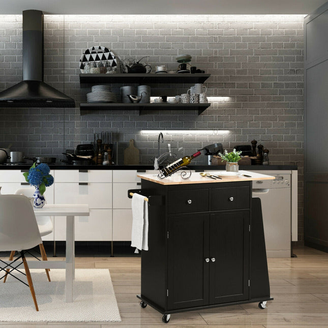 Rubber Wood Countertop Rolling Kitchen Island Cart-Black - Black - Kitchen Islands & Carts
