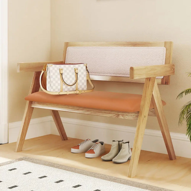 Rubber Wood Dining Bench with Armrest Sherpa Upholstered Backrest and Soft-padded Seat-Natural - Navy - Outdoor Benches