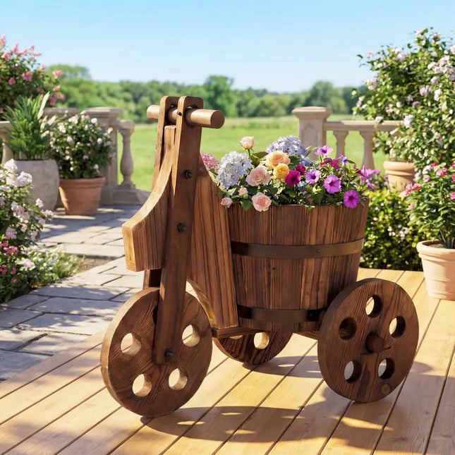 Rustic Wood Tricycle Planter Barrel Flower Pot Cart with Drainage Hole-Coffee - Coffee - Raised Garden Beds