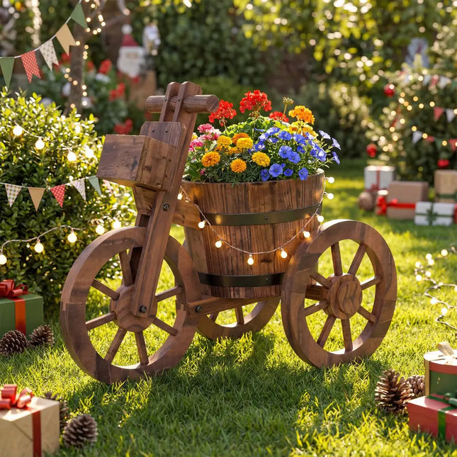 Rustic Wood Tricycle Planter with Wheels and Storage Box-Coffee - Coffee - Raised Garden Beds